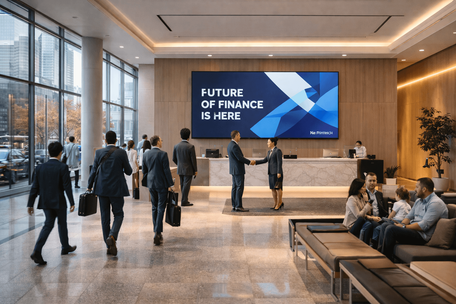 Modern corporate office lobby with business professionals and a digital advertising screen