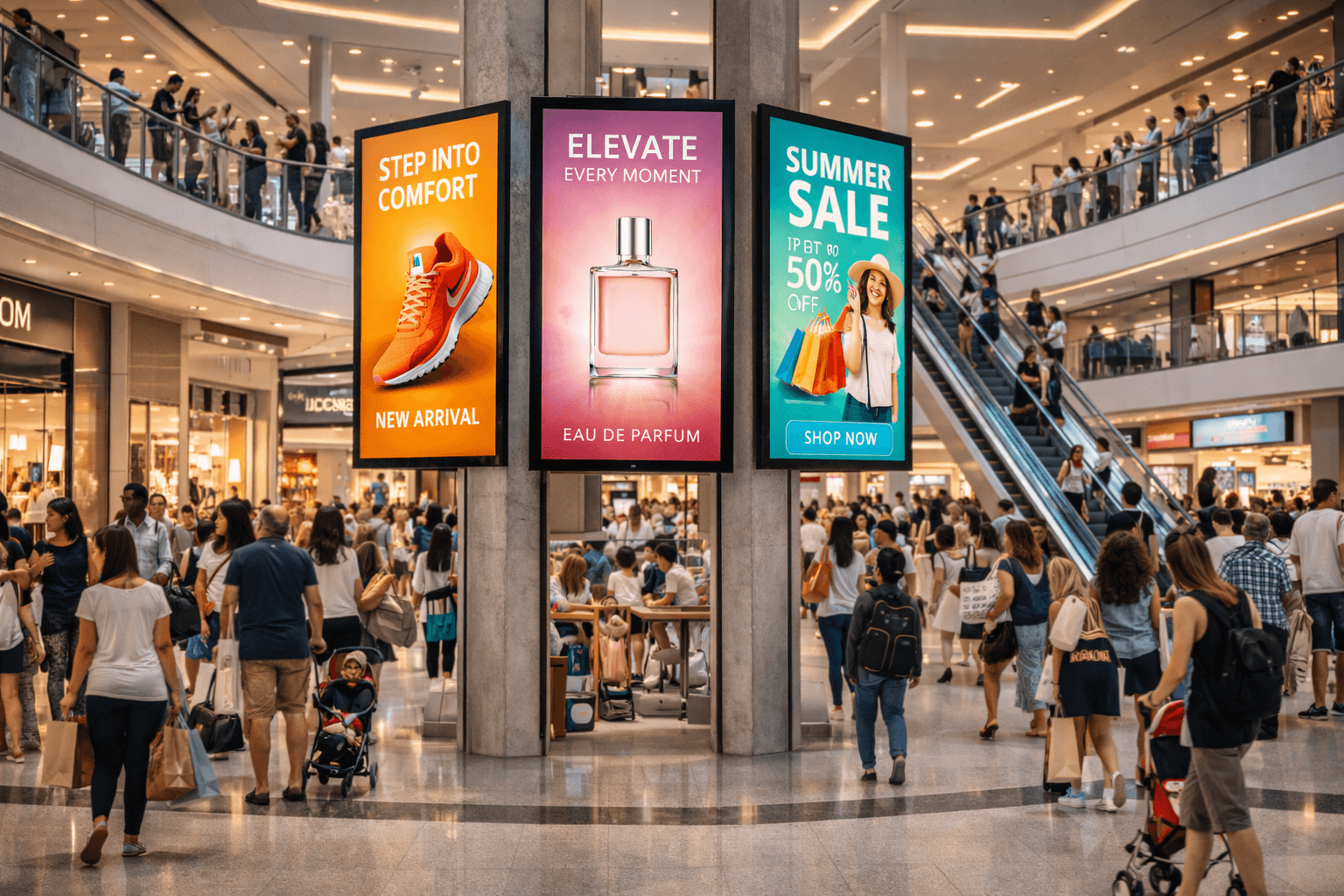 Busy shopping centre filled with crowds of shoppers and digital advertising screens